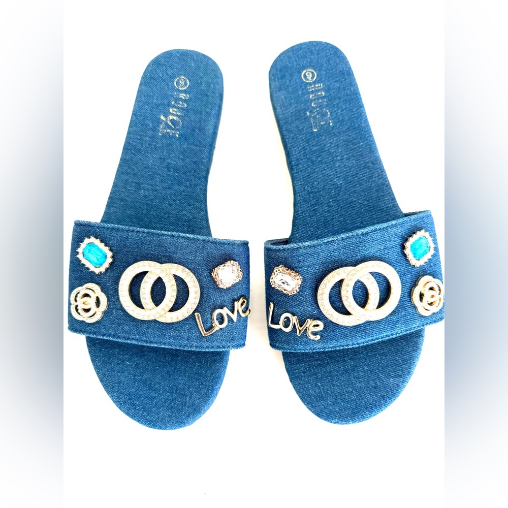 Rogue Helium Blue Denim & Gold Embellished Rhinestone Slide Sandals Size 9 Y2K